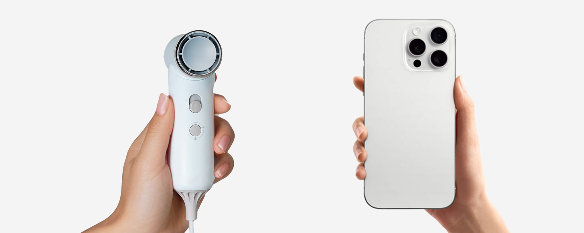 Suszarka do włosów z funkcją jonizowania KiCA HD - arctic white zaprezentowana obok smartfona dla porównania wymiarów